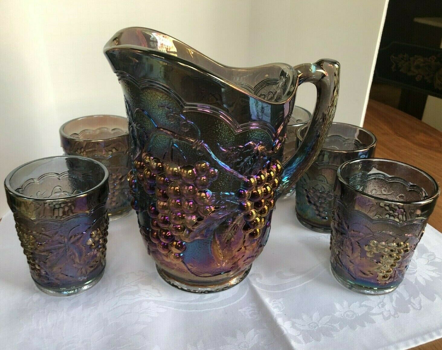 Imperial Carnival Glass Pitcher And 6 Tumblers, Signed