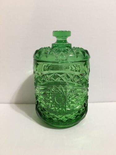 Imperial Carnival Cut Glass Cookie Biscuit Jar Emerald Green Ohio Hobstar 6" H