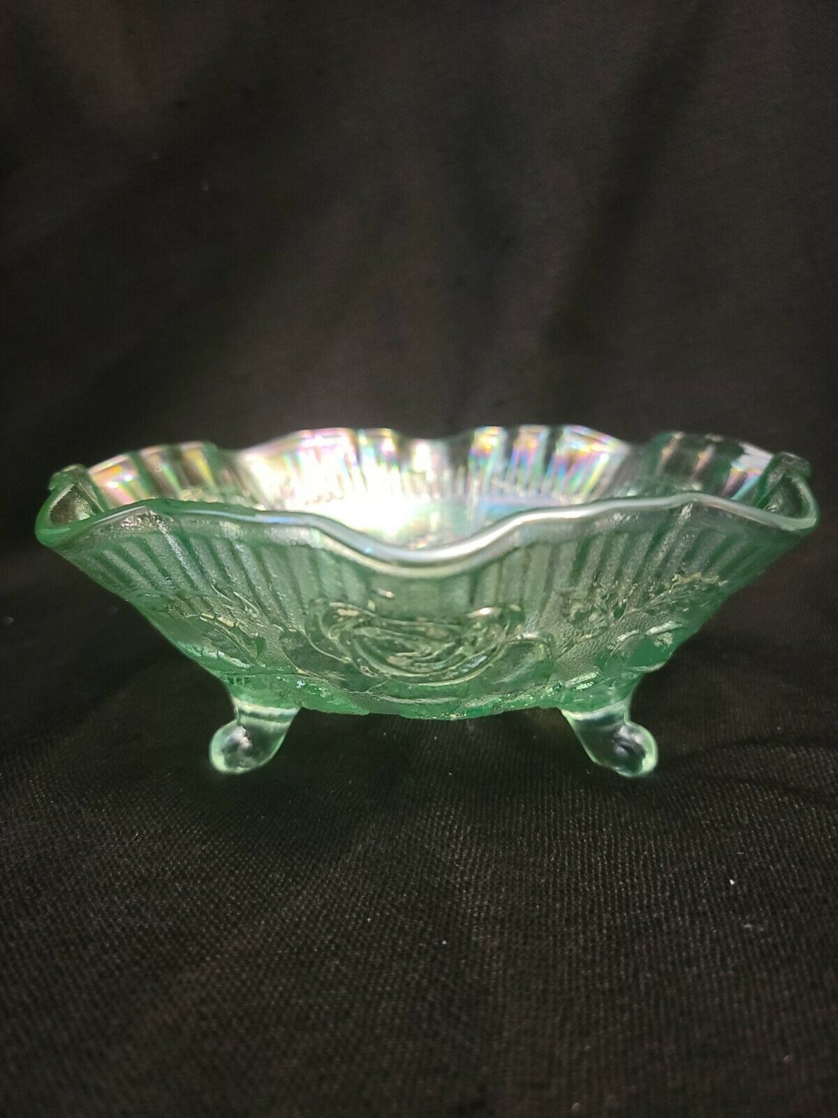 Lovely Green Imperial Open Rose Carnival Glass Footed Bowl Ruffled Edges