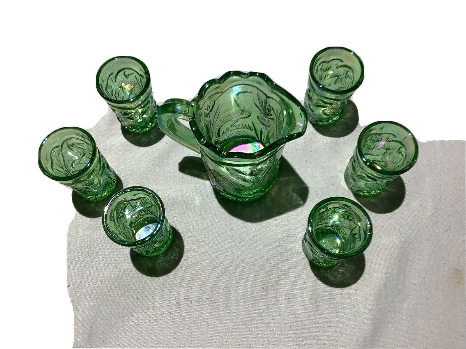 Summit Art Glass Green Carnival Glass Peacock Pattern Miniature  Water Set